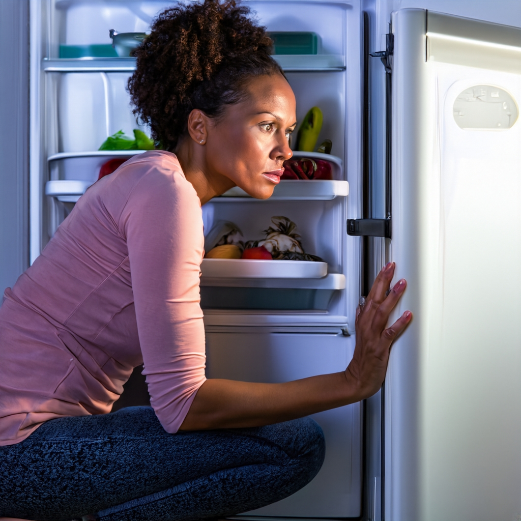 A women squatted down looking in her refrigerator - The Midnight Refrigerator Raid: A Vegetarian’s Tale